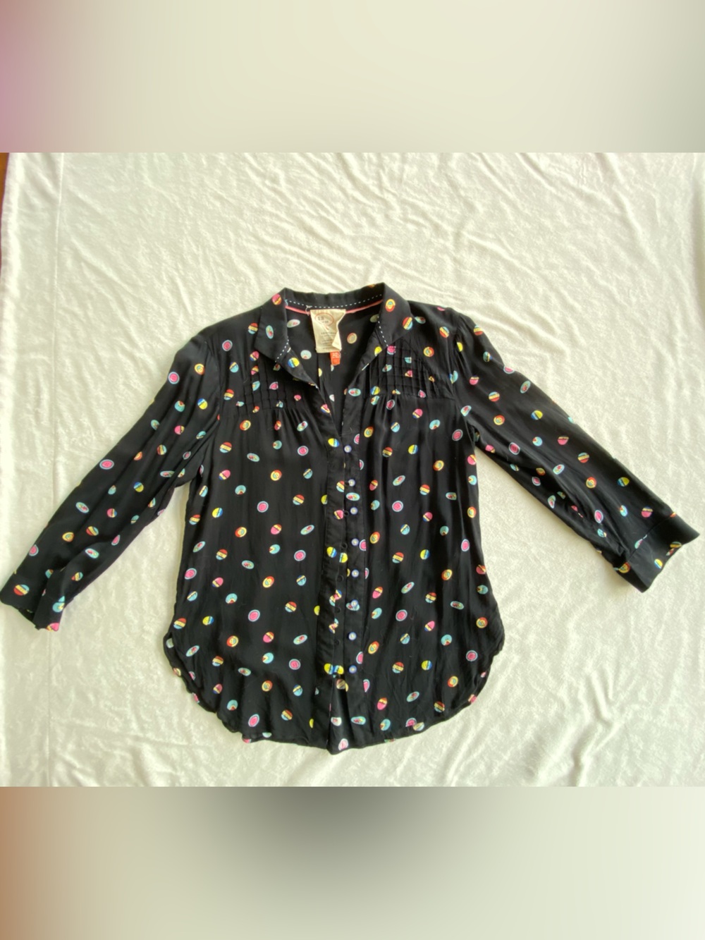 Anthropologie Feminine 3/4 Sleeve Black Blouse with Multicolor Button Motif